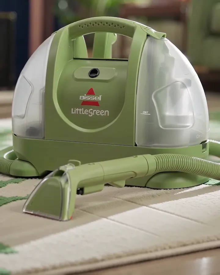 Green BISSELL Little Green portable carpet and upholstery cleaner with its hose and cleaning tool on a rug