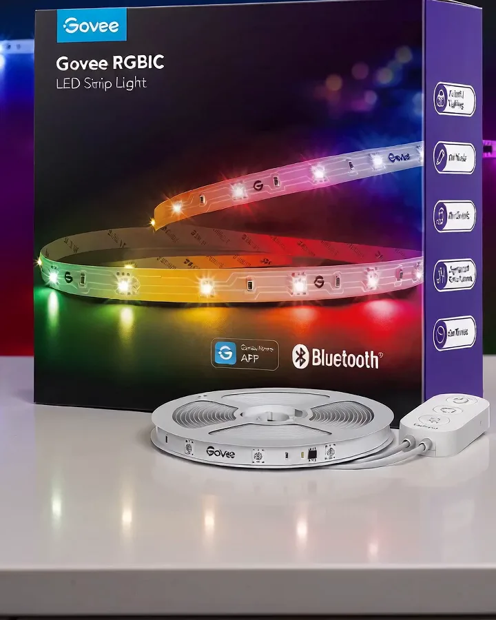 Govee RGBIC LED strip light box with the coiled light strip and controller on a white counter