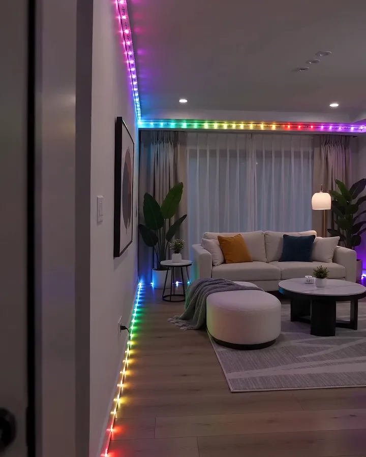 Govee RGBIC LED strip lights glowing in multiple colors along the ceiling and floor of a living room