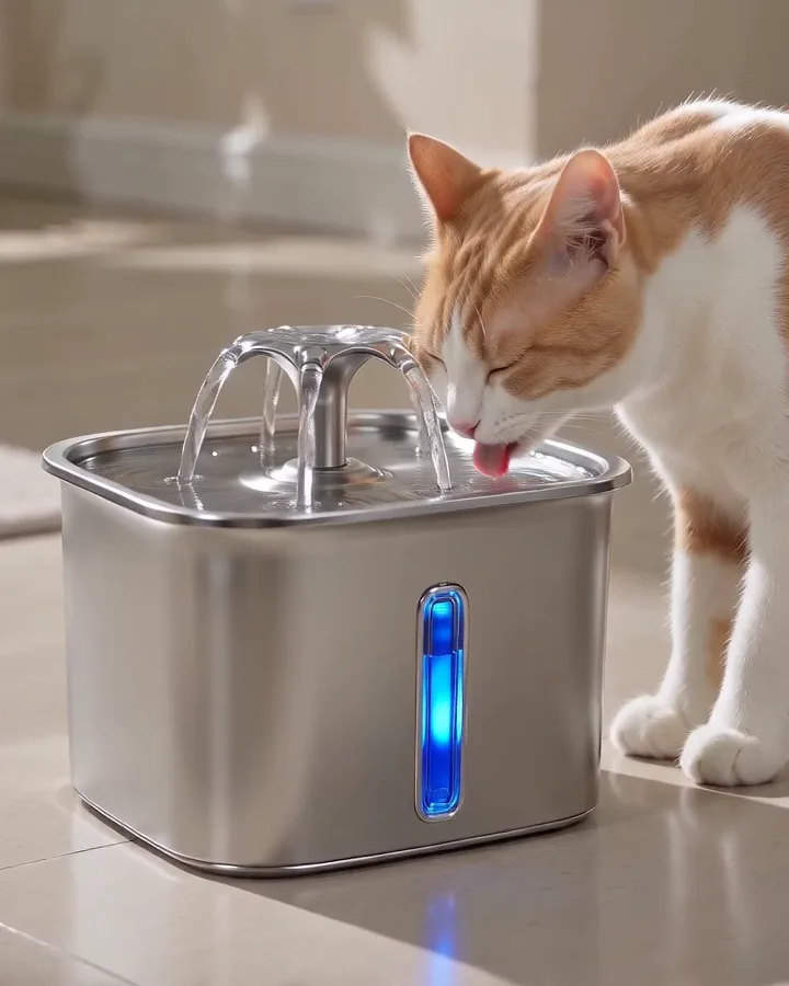Orange and white cat drinking from a stainless steel Veken pet water fountain with a blue water-level light