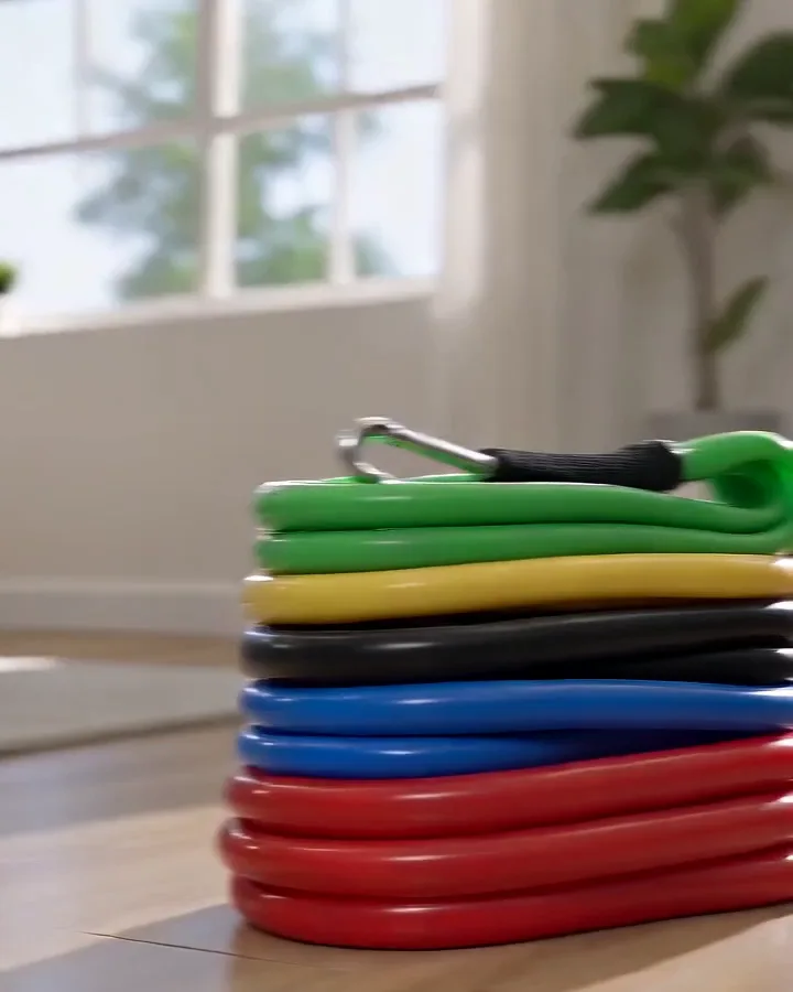 Stack of colorful WHATAFIT resistance bands in five levels on a wood floor