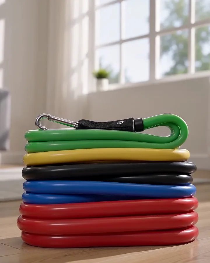 WHATAFIT resistance band set stacked by color near a sunny window